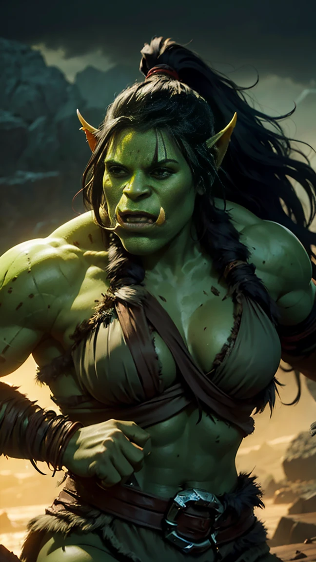 Highly detailed, cinematic, realistic. A Beautiful, fierce and athletic female orc, ((orc girl, barbarian)), ((green skin)), (slight porcine features, and prominent tusks). She has a striking black side-cut hairstyle, rugged barbarian attire, made from leather, furs and straps, backdrop is a rugged wilderness, with jagged rocks and a stormy sky creating a dramatic atmosphere that heightens her imposing aura. Rendered in ultra-high detail, capturing every texture of her skin, tusks, hair, and clothing to deliver a vivid, immersive fantasy composition.