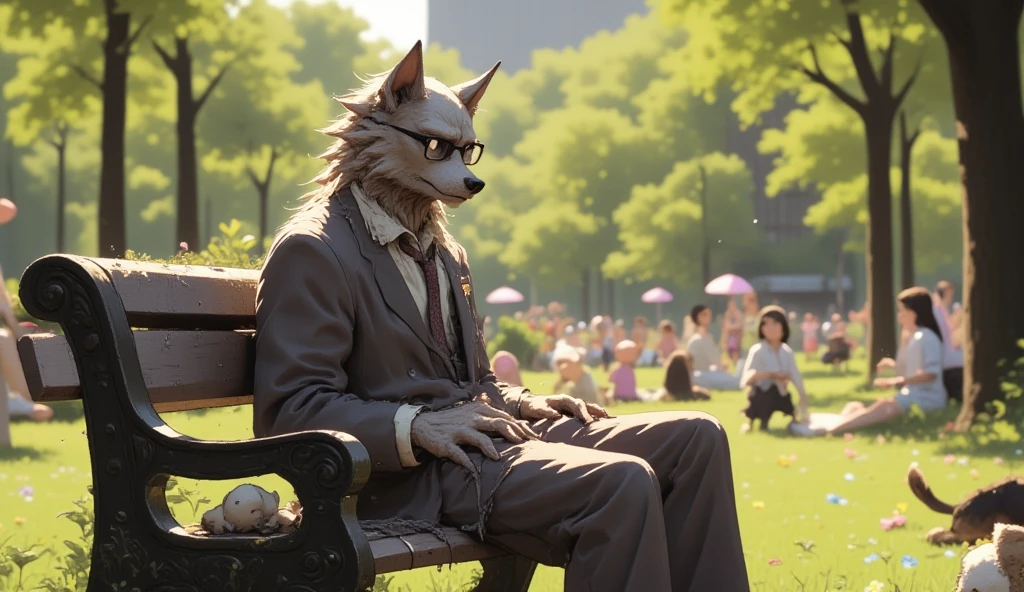 (werewolf\(silver wolf,bald head, aged, tired, businessman, worn-out suit, wear glasses\) eating lunch at the bench in a park in solitude). The park is a nice day and families are playing. safe for work.great focus at werewolf, bokeh,niji style