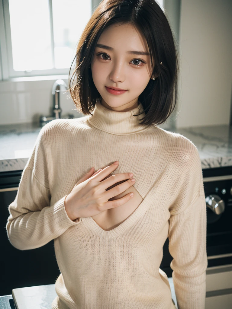 (2 pure Japanese girl,), (Small breasts:1.5,),(solo,,Textured skin, Detailed skin,Detailed face,Detailed eyes,detailed posing,Natural eyebrows,Sparkling Eyes,High detail, Highest quality, Super detailed, Surrealism, ,8k,RAW Photos,Photographicism,Professional Lighting,Ray Tracing,Portrait Photography,Soft Light),((Black Hair, Natural Makeup,Simple earrings, Bob Hair,smile)),(((Chest opening turtleneck)))
