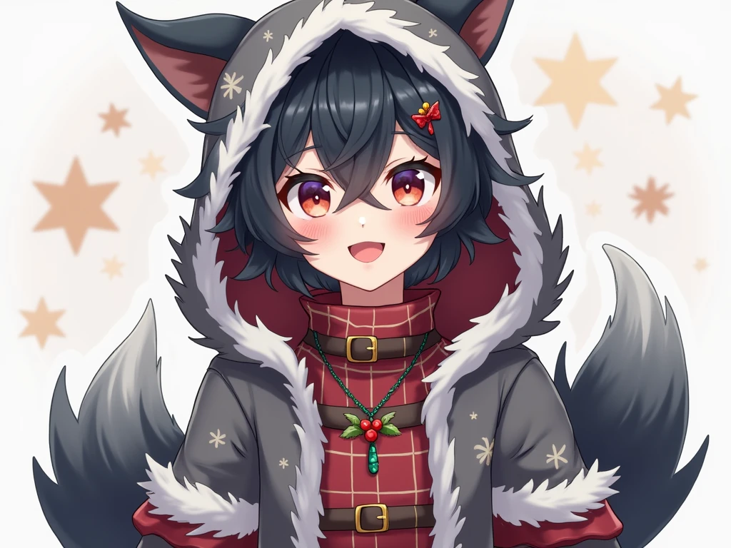 girl with wolf ears and tail, (very short hair), black hair, tomboy, yellow eyes, wears a Christmas Dress