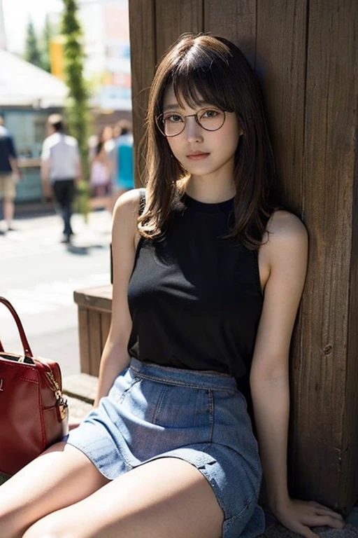 masterpiece, best quality, ultra quality, high quality, realistic, photo realistic, warm lighting,natural lighting,cinematic lighting,RAW photo, hyper detailed, intricate detailed, perfect anatomy, Fujifilm XT3,(cowboy shot),1 woman, Japanese beautiful woman,babyface,brown very short twintail hair over one eye,(medium breasts:1.2),(slender body:1.2),sweaty, tan skin,sunburn tanline,(smile:1.3),black eyes,(Japanese carnival street),(night),(standing),(Glasses:1.3), BREAK wearing tunic, BREAK wearing ripped lowrise denim jeans,(medium shot),
