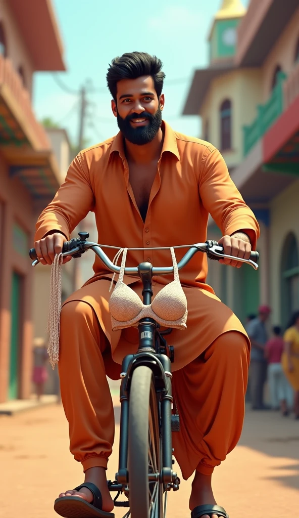 An brown coloured 19 year old oraon tribe indian men with only moustache , wearing white lungi with brown chappal and white cotton shirt and is sitting on black bullet 350 in city , having short curly hair on head , height 177 c.m., weight 75 k.g., muscular built