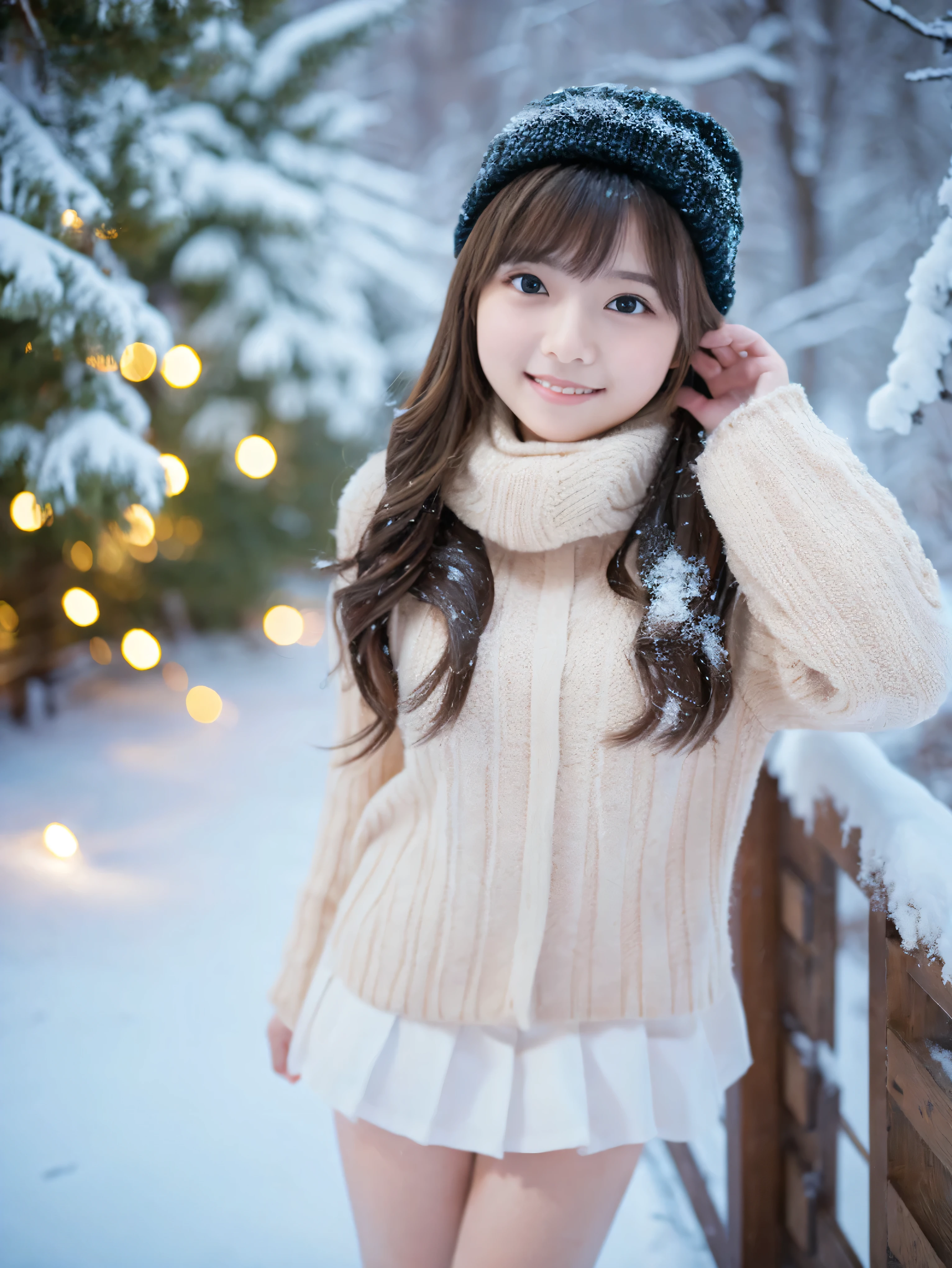 (Best Quality,4K,hight resolution,masutepiece:1.2),Ultra-detailed,Realistic,(nffsw,nffsw),girl,beige fluffy coat,beige wool gloves,Navy blue mini pleated skirt,Snow,Smiling,eyecontact,Portraits,Vivid colors,Winter scene,Soft lighting,Delicate snowflakes,Cheerful expression,playful pose,Fun atmosphere,Happy Vibes,Frosty breath,Blushing cheeks,rosy nose,Warm atmosphere,cozy winter fashion,soft winter light,mysterious winter night,Pure white snowscape,snowflakes dancing in the air,Sparkling snow,beautiful winter fashion,effortlessly chic style,fun snowball fight,icy cold weather,Crisp winter air,child-like innocence,curiosity in her eyes,Smiling eyes,fluffy snowflakes,A dreamy winter wonderland,winter magic,cute moments,Adorable costumes,pleasant winter day,joyous laughter,Dreamy smile.thighs thighs thighs thighs