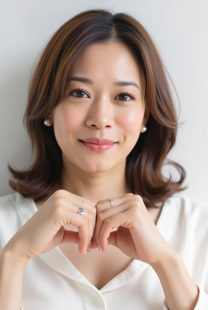 (((Make a heart with both hands、 smiles:6.1)))、 ( RAW photo、8k、32K、masterpiece、 realistic 、   Photorealistic:1.37)、Cute Japanese women images、）、   upper body、  1 girl、Photo Mapping、 Physically based rendering、 high image quality、   high definition   、1080P、( CG in detail)、 rich details 、(  great features  :1.35)、( detail eyes)、  of cute ladies are looking forward to your eyes、Delicate clavicle、非常にリアルで詳細な若い女性の   upper bodyポートレート。 Beautiful skin 、Soft light is reflected high on the cheeks 、   small pores and hair follicles  、  gives a healthy glow 。The skin is smooth、natural flushing of cheeks 、 small pores and hair roots 。  The eyes are large and clear blue、 Her iris has fine patterning、 Light is reflected 、 slightly tilted to 。  There is a slight shadow under her eye 、  Lashes are long and naturally curled 。 Her lips are a soft pink 、  smooth texture and natural shine 、 Slightly reflects light ,  The woman is wearing a simple thin camisole 、   The background is pale monochrome gradient  、焦点は完全に顔と   upper bodyに当たっている、 realistic  shadows and textures、Photographic depiction,  only one woman with a cute smile is cute,  fluffy off-shoulder pajamas,  make a big heart with both hands , Hold it in front of your chest , View above the collarbone、 The background is the bedroom, Kamala Harris