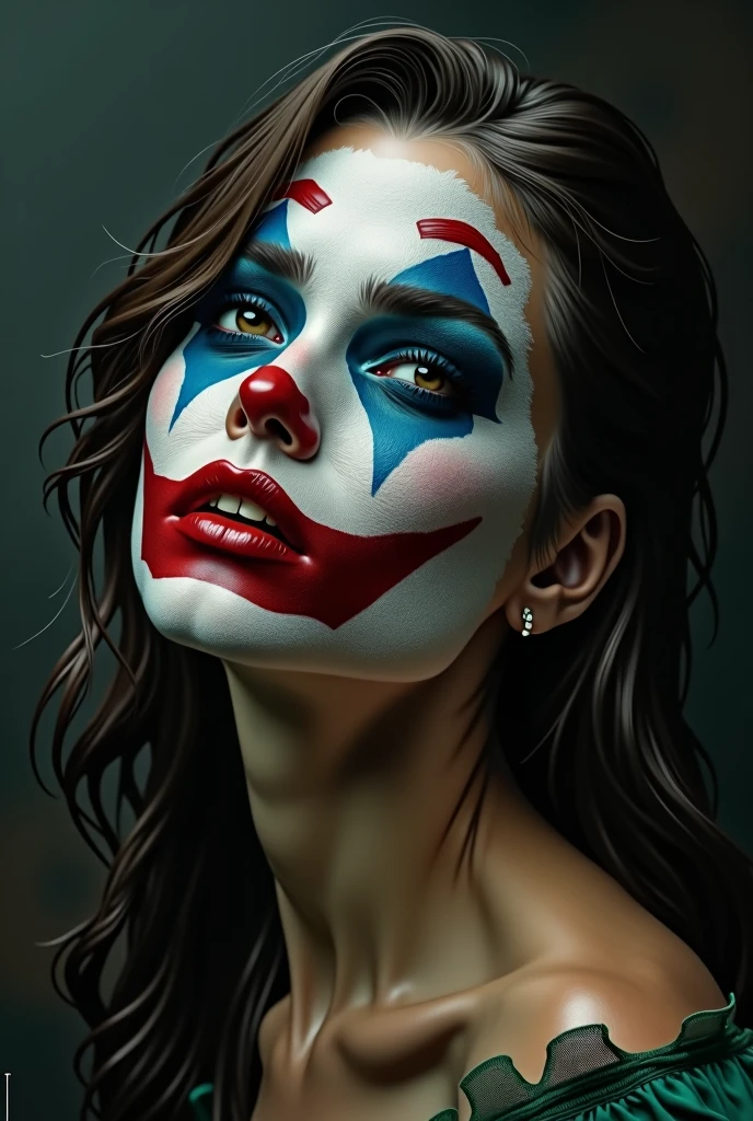 create a scenario where the joker is putting on makeup looking at a makeup mirror mirror with light bulbs