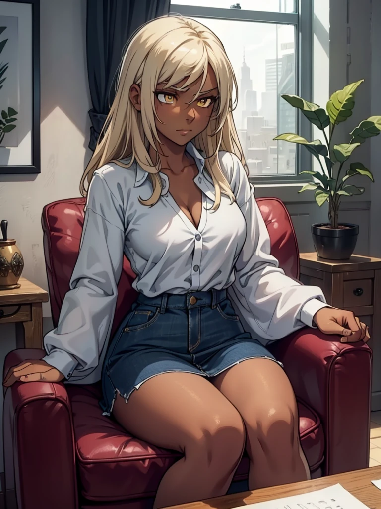 (​masterpiece、top-quality、hight resolution、Unity 8k、extremely details CG:1,Best Picture), ((from front)),Grey hair, yellow eyes,((((dark skin)))), Emphasis on cleavage, A young woman sitting on a simple chair in a cozy, well-lit indoor studio, reacting to an awkward or difficult question during an interview. Her expression shows visible confusion and hesitation, with slightly widened eyes and a nervous, forced smile as she struggles to formulate a response. She is modestly dressed in neat and proper casual attire, such as a blouse paired with a skirt or sweater and jeans, conveying professionalism and simplicity. Her hands are fidgeting slightly on her lap or gripping the edge of her chair, reflecting her unease. The studio features soft, natural lighting with a clean and minimalist background, including elements like a small table or a potted plant. The atmosphere captures the tension and vulnerability of a young beginner trying to navigate a tricky situation while maintaining composure.