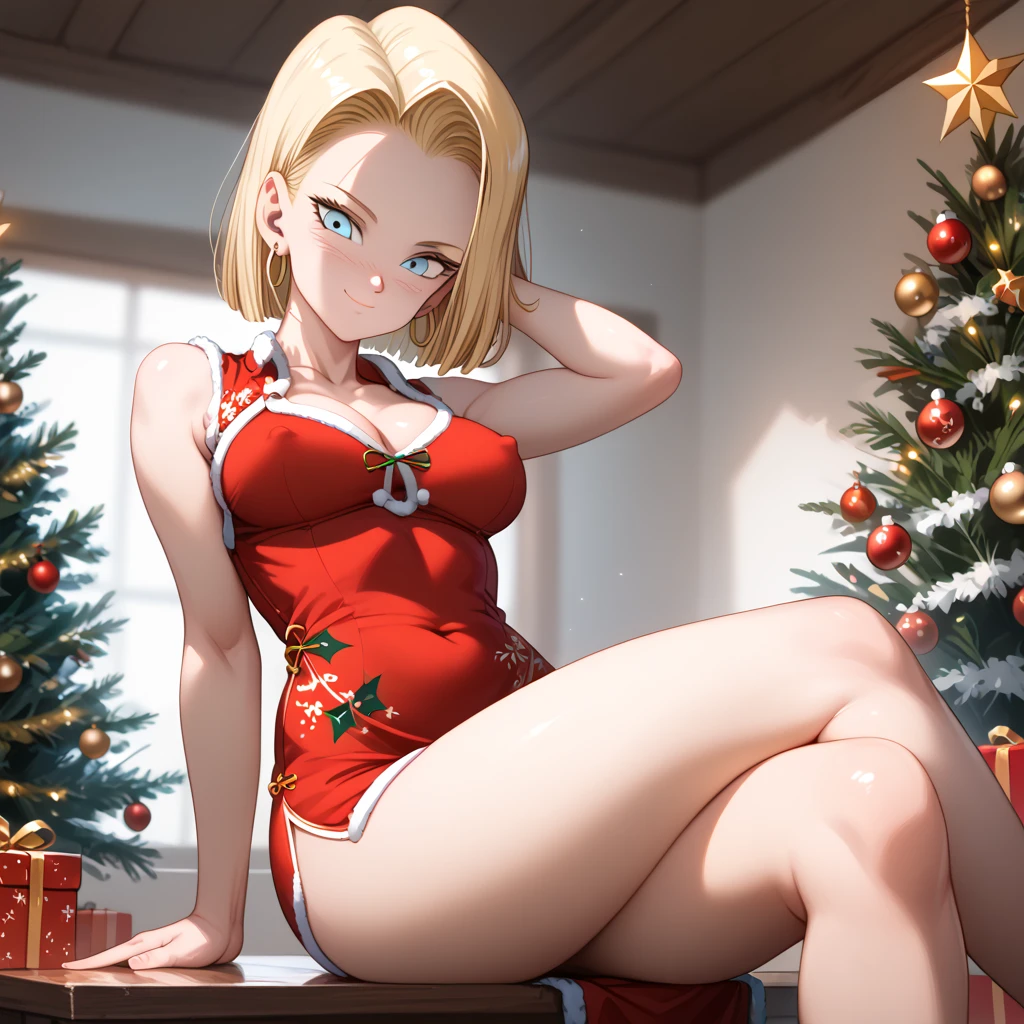 sysdeep_android18, android 18, blonde hair, blue eyes, eyelashes, hoop earrings, short hair, earrings, photorealistic, detailed coloring, anime style, detailed high quality, chromatic aberrations, ultra detailed quality skin, detailed ray tracing lighting,, masterpiece、 best quality、masterpiece, high definition , 8K quality, perfect face, solo, 1 girl, beautiful face, beautiful detailed eyes, Alone, cute face、nose blush, red cheek, large butt, looking at viewer, wearing a smug expression, looking down, (from below), cleavage, closed mouth, standing, hair slicked back, collarbone, Staring at the viewer, (Christmas costume, Cheongsam, mini skirt,), ass line, sitting on table, crossed legs, arm behind head, sexy pose, sensual expression, sensual pose, blurry background, covered nipples, festive decorations, twinkling lights, decorated Christmas tree, cozy indoor setting, warm color tones,