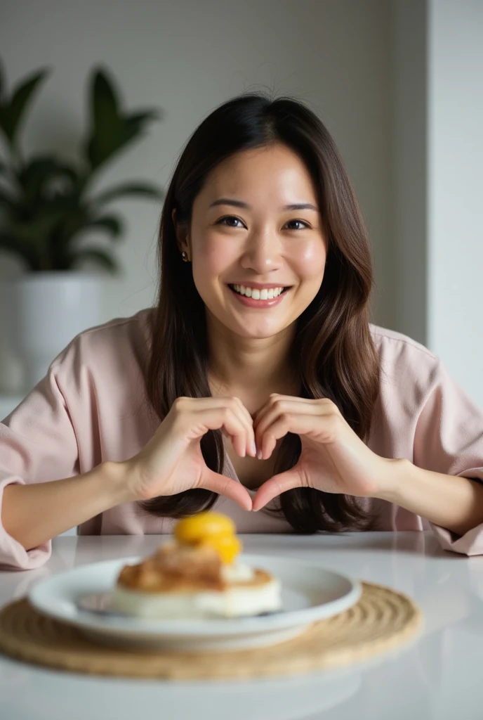  A smiling woman is sitting at a table with a 、軽く触れるだけで暖かさが伝わるパステルカラーのオフショルダーのパジャマWearingかわいいポーズをとっています, Make a big heart shape with both hands  ,  Wearing、Physical-based rendering of , View above the collarbone、  has a monotone background  、Kamala Harris

