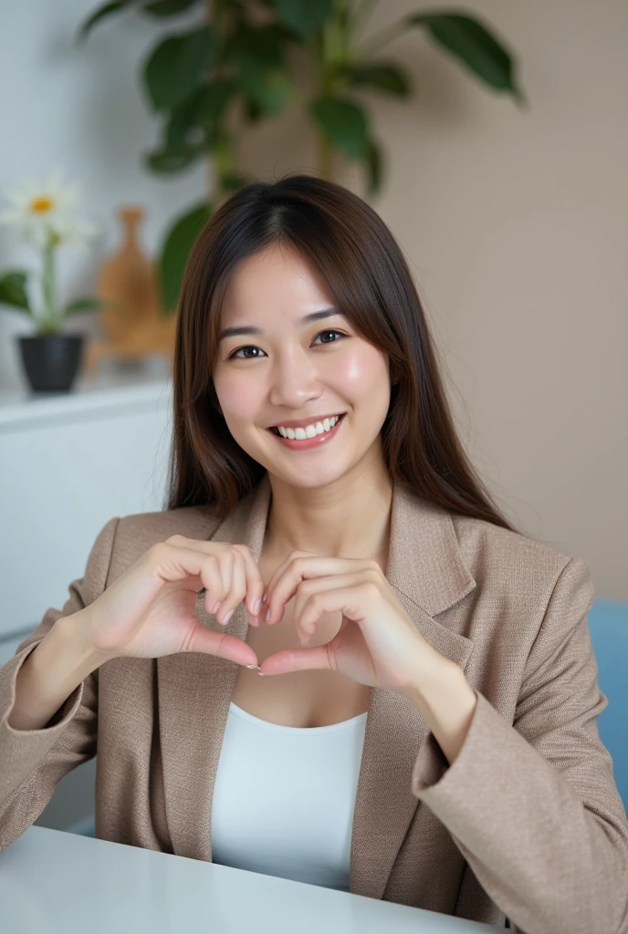  A smiling woman is sitting at a table with a 、軽く触れるだけで暖かさが伝わるパステルカラーのオフショルダーのパジャマWearingかわいいポーズをとっています, Make a big heart shape with both hands  ,  Wearing、Physical-based rendering of , View above the collarbone、  has a monotone background  、Kamala Harris

