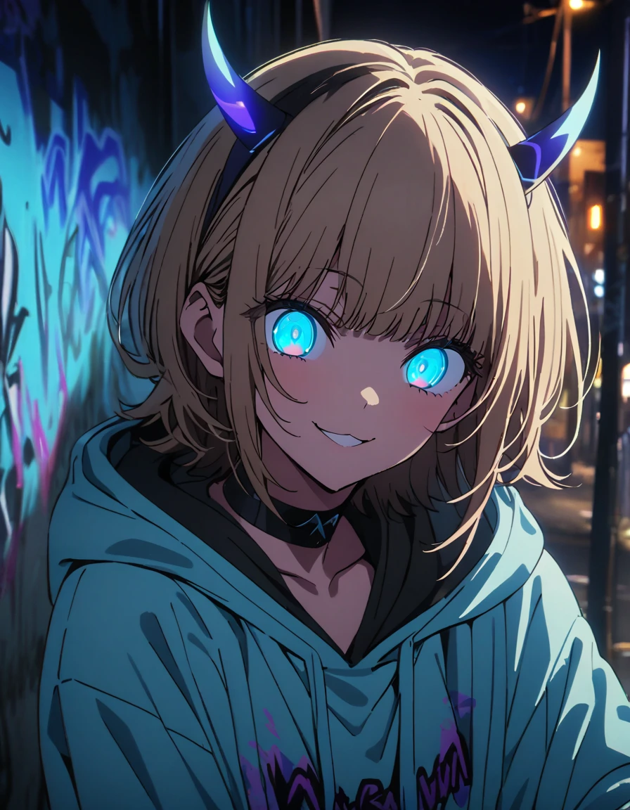 masterpiece,  top quality, 8k, Detailed Background , masterpiece,  top quality, smile,  ornament,  hoodie, Portraiture,  neon blue, graffiti, dark, night, Shining Eyes,  black light ,MEMcho,Horned headband