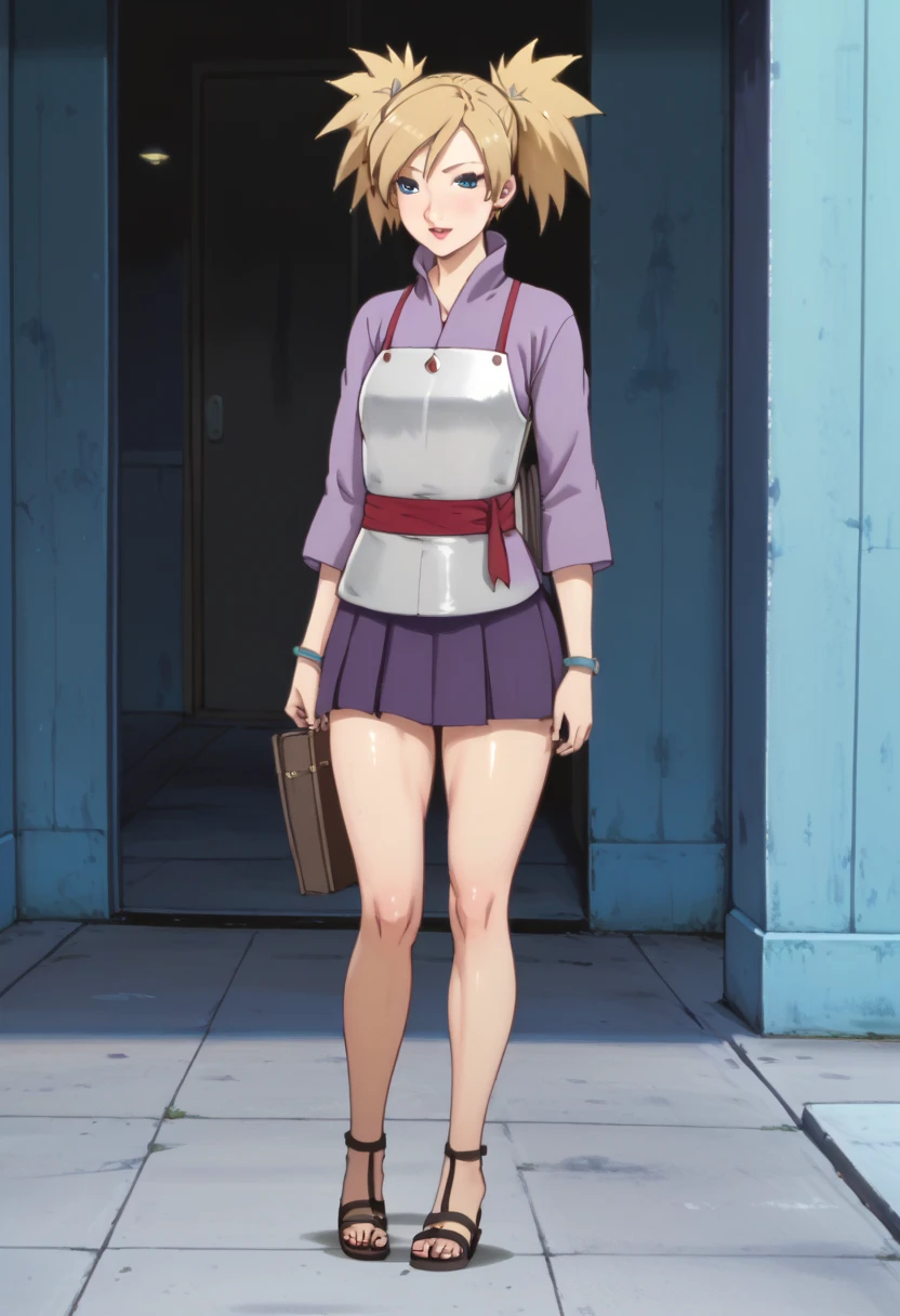 Official_art, anime screencap, perfect body, perfect Hips, beautiful legs, beautiful face, hdr, high Quality, masterpiece, source_anime, ratings_explicit, TemariNS, blonde quad tails, blue eyes, 1girl, female focus, anime screencap, miniskirt, sandals, sexy legs, 