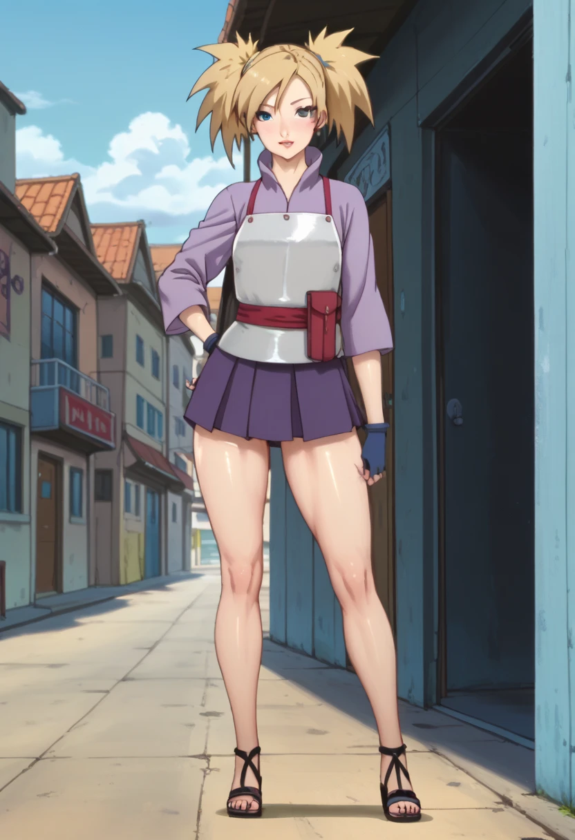 Official_art, anime screencap, perfect body, perfect Hips, beautiful legs, beautiful face, hdr, high Quality, masterpiece, source_anime, ratings_explicit, TemariNS, blonde quad tails, blue eyes, 1girl, female focus, anime screencap, miniskirt, sandals, sexy legs, 