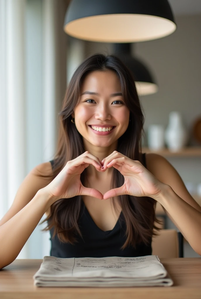  A smiling woman is sitting at a table with a 、軽く触れるだけで暖かさが伝わるパステルカラーのオフショルダーのパジャマWearingかわいいポーズをとっています, Make a big heart shape with both hands  ,  Wearing、Physical-based rendering of , View above the collarbone、  has a monotone background  、Kamala Harris

