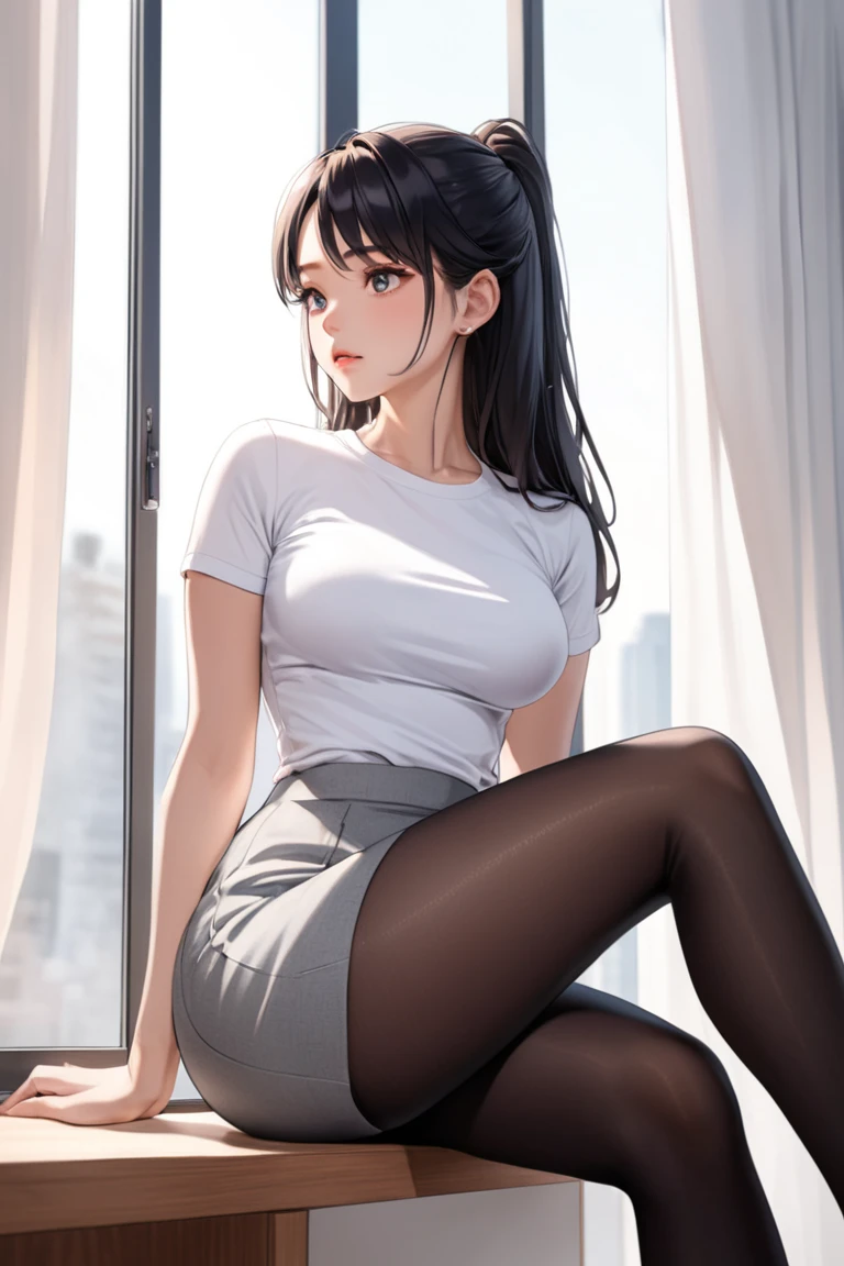 (Super detailed), masterpiece, (Best Quality), Real anime style, Detailed eyes, Detailed face, Detailed hands, Fine hair, One Girl, Black Hair, Long Hair, Half Up, Wife, White tee shirt, tight tee shirt, Grey mini skirt, black pantyhose, (pantyhose), thick thighs,  (medium Breasts), siitting near the window in the office, sit legs crossed, legs crossed, evening, View here