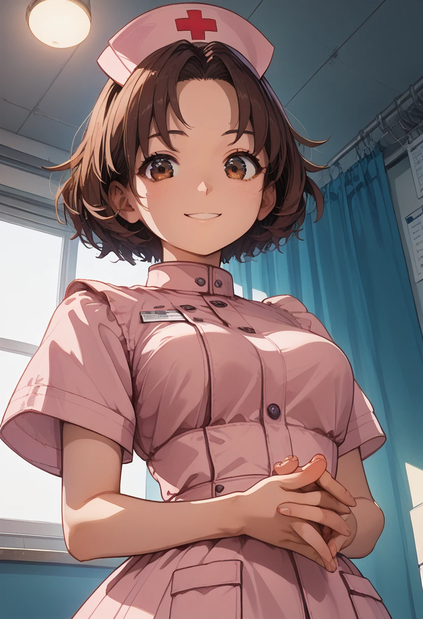 (score_9, score_8_up, score_7_up,source_anime,masterpiece:1.3),(intricate and detailed:1.2),vector-artstyle,best quality,Fine hair,intricate illustration ,ultra-detailed animation,1girl,Look At Viewer,faint smile,Provoke,Brown Hair,Messy Tip Hairstyle,okumura haru,(Ao-Dai:1.2),(nurse:1.3),(Bodysuits:0.8),(face seen through breasts:1.1),(sway back,arched back:1.2),own hands near waist,pov,hands focus,from below,ceiling,Dynamic angle