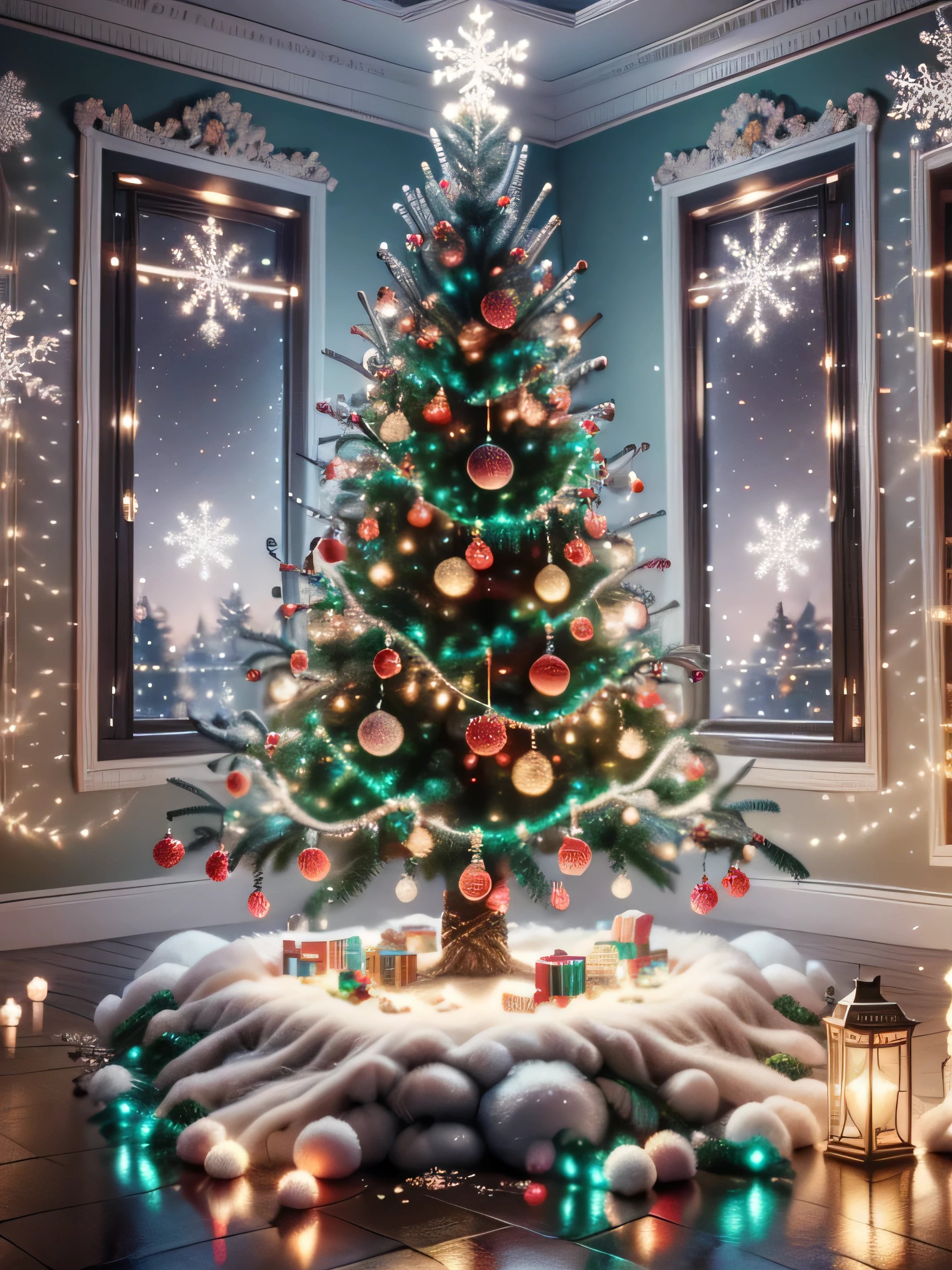 (Best Quality, Super Detail, Masterpiece, Representative Work, Official Art, Professional, Super High Detail, 8k:1.3) Christmas tree, created with garlands on the wall. The tree should be brightly lit, with multi-colored lights hanging from top to bottom. Use garlands in different shapes: some of them form the classic silhouette shape of the tree, and others create textures and patterns around it, in the form of Christmas tree ornaments and snowflakes. In the background is an image of a cozy room with warm lighting, decorated with Christmas decorations, such as hanging stockings, garlands and wreaths. Add details, such as soft toys and gifts under the "tree", to create a festive and cozy atmosphere. Aurorastyle, Highly detailed Dynamic shot, high quality, beautiful masterpiece, kawaii, digital art, glowing sparkles, Realistic, Beautiful, Soft Volumetric Light, (Backlight:1.3), (Cinematic:1.2), Intricate Details, (ArtStation:1.3), --auto --s2