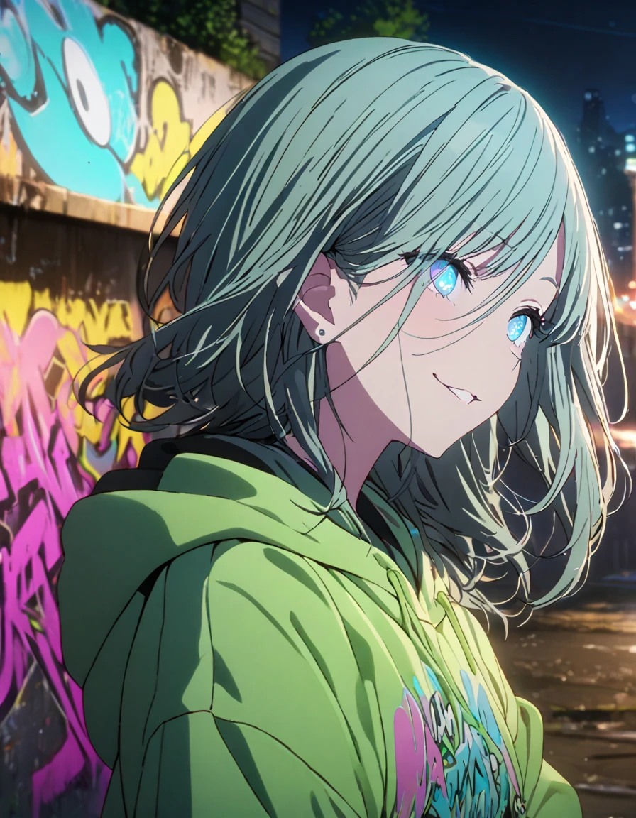 masterpiece,  top quality, 8k, Detailed Background , masterpiece,  top quality, smile,  ornament,  hoodie, Portraiture,  neon blue, graffiti, dark, night, Shining Eyes,  black light ,Hinomori Shizuku