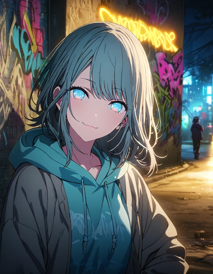 masterpiece,  top quality, 8k, Detailed Background , masterpiece,  top quality, smile,  ornament,  hoodie, Portraiture,  neon blue, graffiti, dark, night, Shining Eyes,  black light ,Hinomori Shizuku