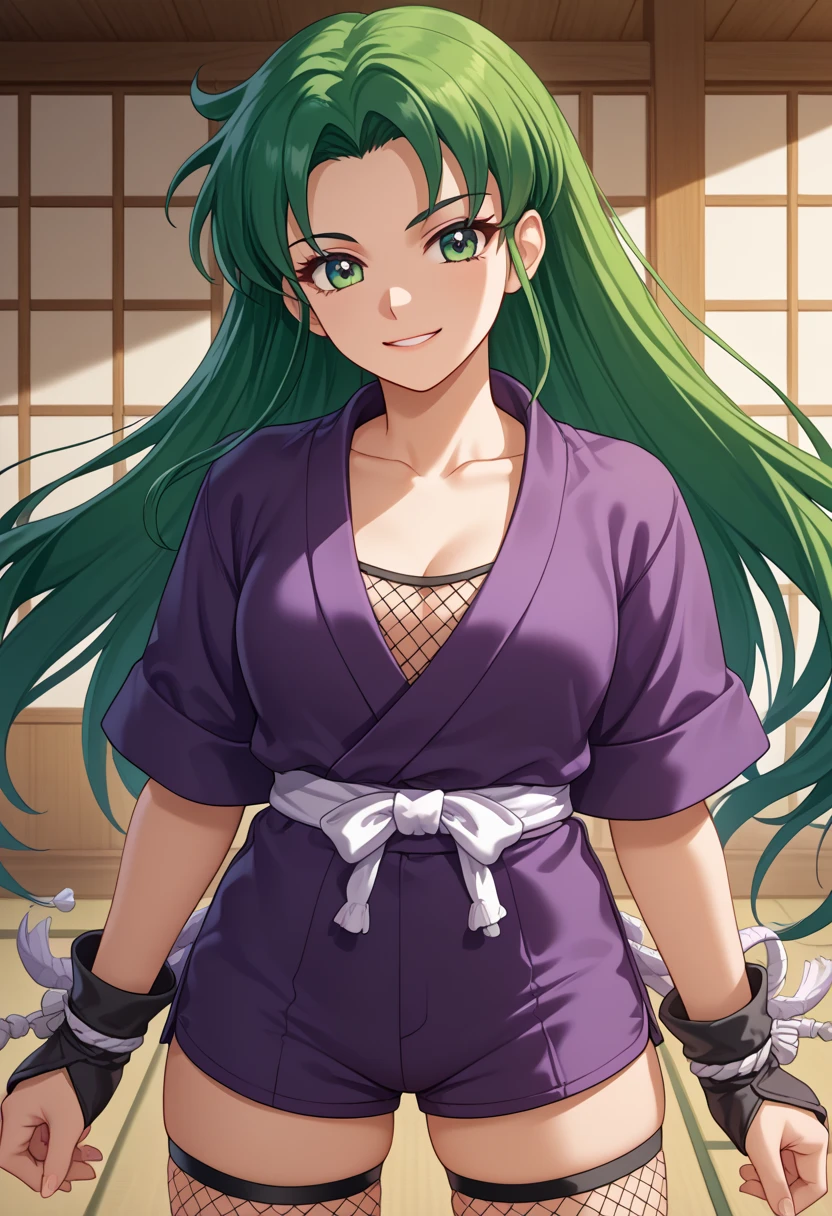 score_9,score_8_up,score_7_up, source_Anime,5_fig,2D_ animation , game cg,break, 1 girl,Alone,yes, green eyes, green hair, Low Thai Long Hair ,parted bangs, long hair,side lock.Japanese clothing, purple kimono ,Ninja, fishnet tights,
Center of chest,Cowboy Shorts, viewers who stop at the edge,Front View,smile,
Japanese-style room,
masterpiece, top quality, ultra detail,Illustration, extremely delicate and beautiful, beautiful detailed eyes in atata,Unity 8K Wallpaper, high definition ,Anime CG, official _art,