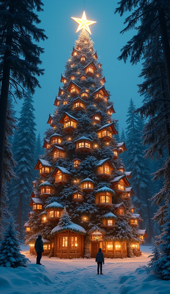 A giant Christmas tree in the middle of the forest. It is the tallest tree in the forest. Treehouses are built on the tree. The tree is decorated with Christmas ornaments, with the most attention-grabbing ornament, a big bright star on the very top, shining brightly at night. The environment is snowy, covering the tree with a layer of white among all the lights. A few villagers look up to the tree in the foreground. The camera is bottom up to capture the magnificence of the Christmas tree.