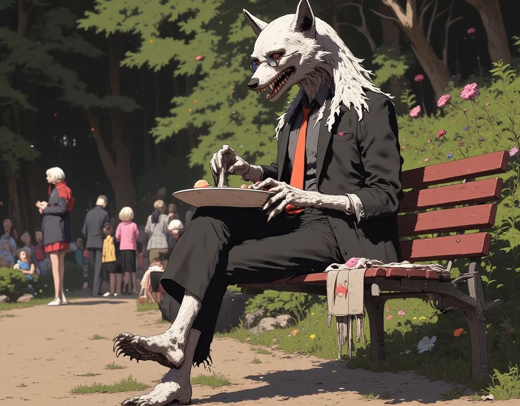 (werewolf\(silver wolf,bald head, muzzle, fang,sharp teeth,long nail, wolf body,aged, tired, businessman, worn-out suit, wear glasses,silver fur\) eating lunch at the bench in a park in solitude). The park is a nice day and families are playing. safe for work.great focus at werewolf, bokeh,niji style