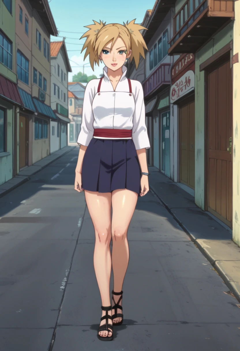 Official_art, anime screencap, perfect body, perfect Hips, beautiful legs, beautiful face, hdr, high Quality, masterpiece, source_anime, ratings_explicit, TemariNS, blonde quad tails, blue eyes, 1girl, female focus, anime screencap, miniskirt, sandals, sexy legs, 