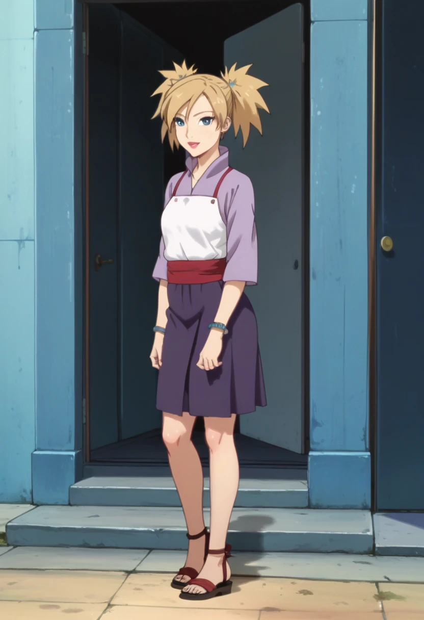 Official_art, anime screencap, perfect body, perfect Hips, beautiful legs, beautiful face, hdr, high Quality, masterpiece, source_anime, ratings_explicit, TemariNS, blonde quad tails, blue eyes, 1girl, female focus, anime screencap, miniskirt, sandals, sexy legs, 