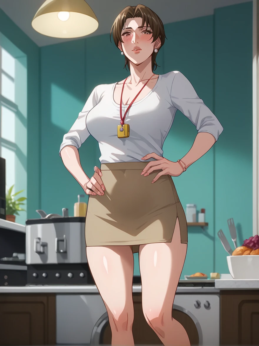 
 iKumisunohara is standing, hand on hips,  holding the whistle , 
1 girl,  mature woman , Mother and daughter, Alone,  legs apart,  gunman shot , 
 looking at the spectator , blush, parted Lips, thick Lips,
 corto, brown eyes, earrings,  round, Lips,
 white shoes , micro skirt ,
 Big Tits, thighs,
In the kitchen, micro skirt,
 