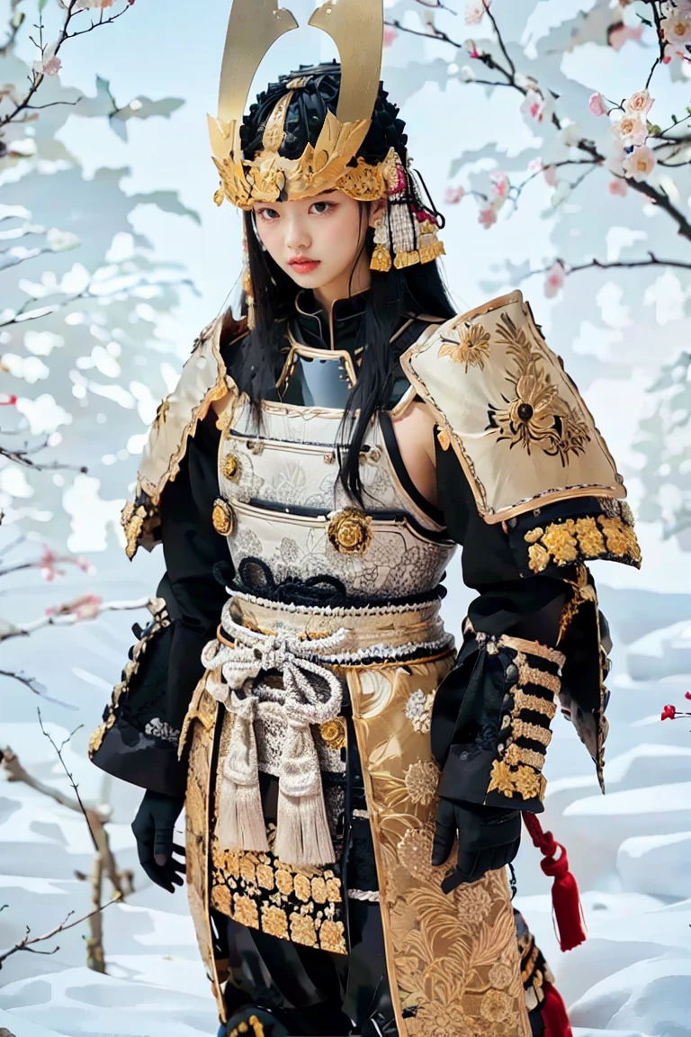 A hyper-realistic, highly detailed, and high-resolution (16k) image of a striking samurai standing confidently, facing forward. The samurai is adorned in a vibrant and colorful Japanese armor (yoroi), with a focus on traditional craftsmanship and contemporary artistic flair. 

Key details include:
- The armor is predominantly made of tightly woven silk threads (縅, odoshi), - The color palette is monochromatic with gradients of black, gray, and silver, accented by subtle glowing edges and intricate engravings.
- The kabuto (helmet) is bold and dramatic, with a maedate (Spade shaped, crest) extending twice the size of the samurai's face. The crest features a polished, metallic finish with intricate patterns and a radiant shine.
- Patterns inspired by traditional Japanese motifs, such as cherry blossoms, chrysanthemums, cranes, and waves, are delicately embedded into the armor’s plates and panels, emphasizing the elegance and cultural heritage.
- The armor is highly polished, with a glossy finish that reflects light, enhancing the vibrant colors and creating a sense of depth and luxury.
- The kusazuri (tassets), haidate (thigh guards), and sode (shoulder guards) are adorned with intricate designs, blending traditional Japanese aesthetics with modern pop-art influences.

The background is minimalist and pure white, ensuring the vibrant armor and intricate details remain the focal point. Studio-quality lighting highlights the glossy textures and the shimmering, silk-thread gradients, bringing out the beauty and craftsmanship of the armor. The overall composition exudes a fusion of traditional Japanese elegance, pop art vibrancy, and the modern artistic touch of AI-generated perfection.
