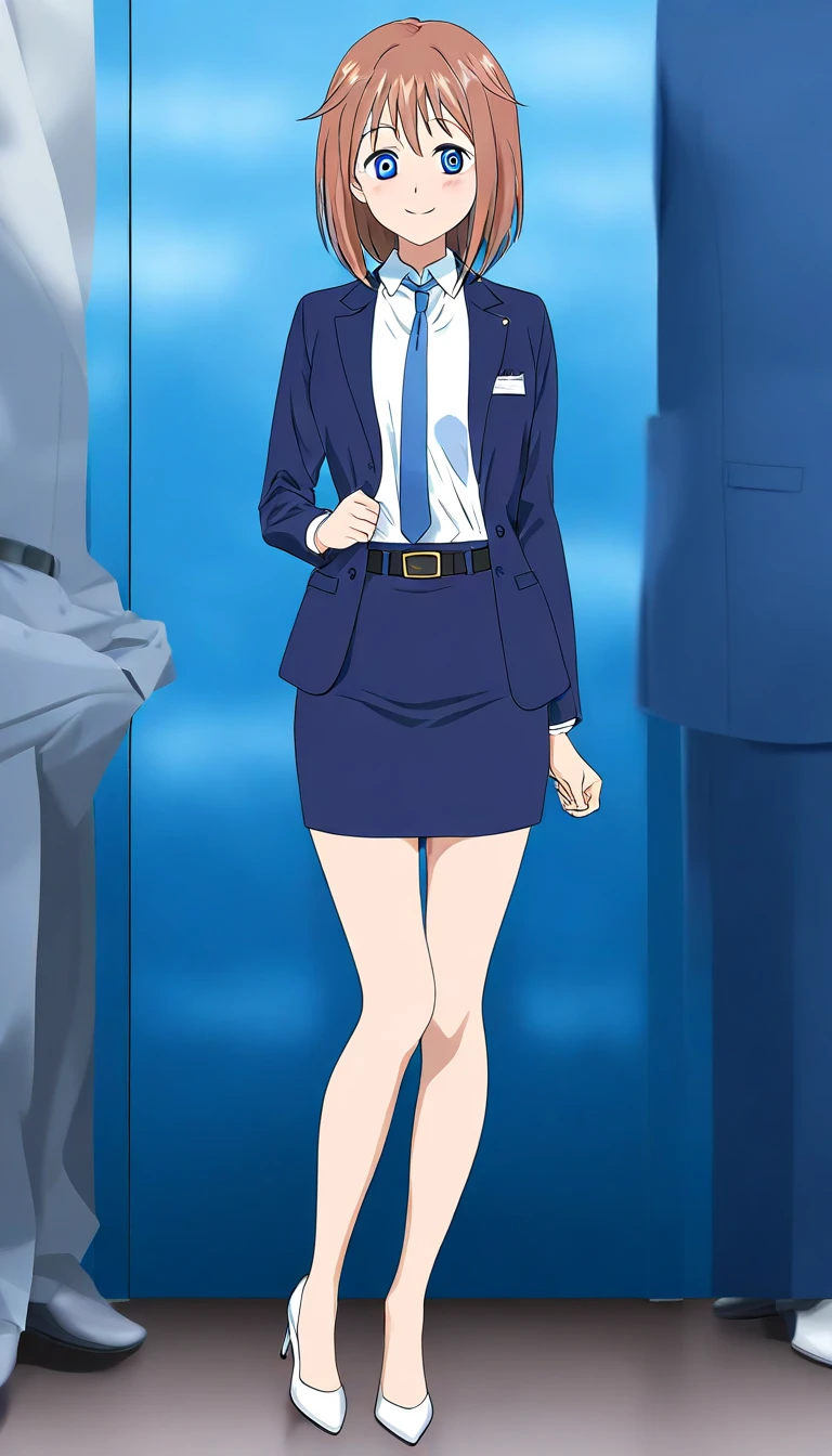 Mahoko Mochida、Brown Hair、Tea pupil、Middle hair、 Friendly Smiles 、Blue Eyes、 full body style that reflects your whole body、Normal milk、 narrow waist 、Bare legs、 in a suit、 navy blue jacket , collared shirt 、 white shirt、 blue tie,belt, navy blue mini pencil skirt, black tights、White pumps、Anime Images、