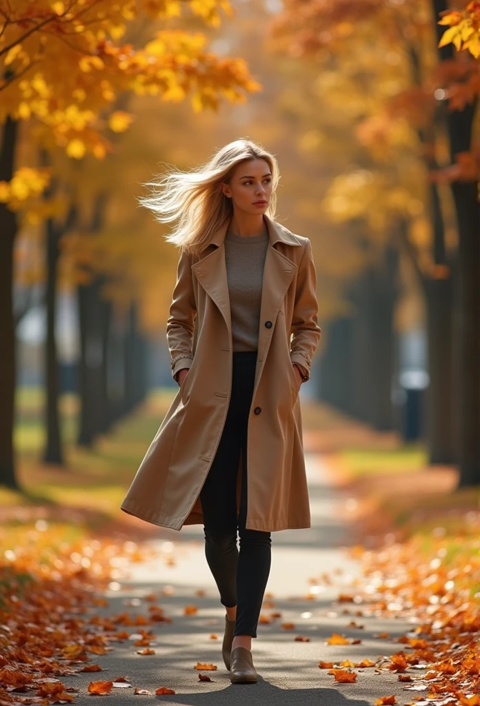 briinicflux_woman,blonde,Walking through a park in autumn wearing a beige trench coat, 