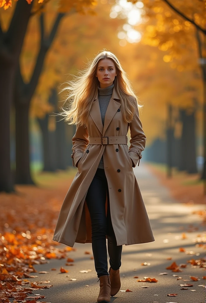 briinicflux_woman,blonde,Walking through a park in autumn wearing a beige trench coat, 