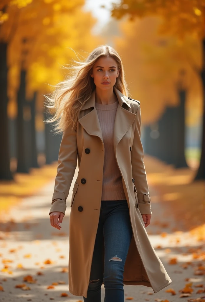 briinicflux_woman,blonde,Walking through a park in autumn wearing a beige trench coat, 