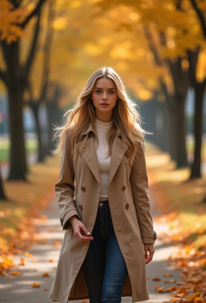 briinicflux_woman,blonde,Walking through a park in autumn wearing a beige trench coat, 