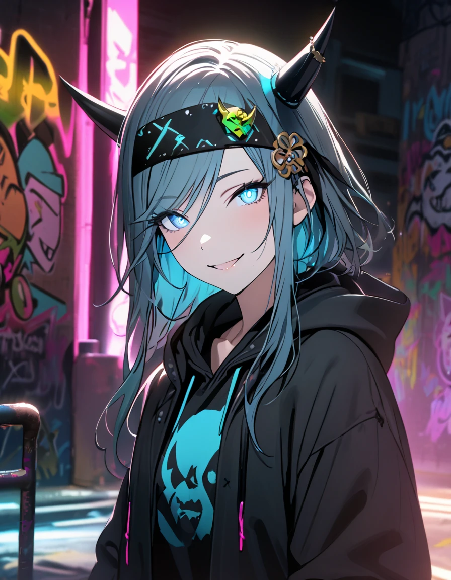 masterpiece,  top quality, 8k, Detailed Background , masterpiece,  top quality, smile,  ornament,  hoodie, Portraiture,  neon blue, graffiti, dark, night, Shining Eyes,  black light ,MEMcho,Horned headband