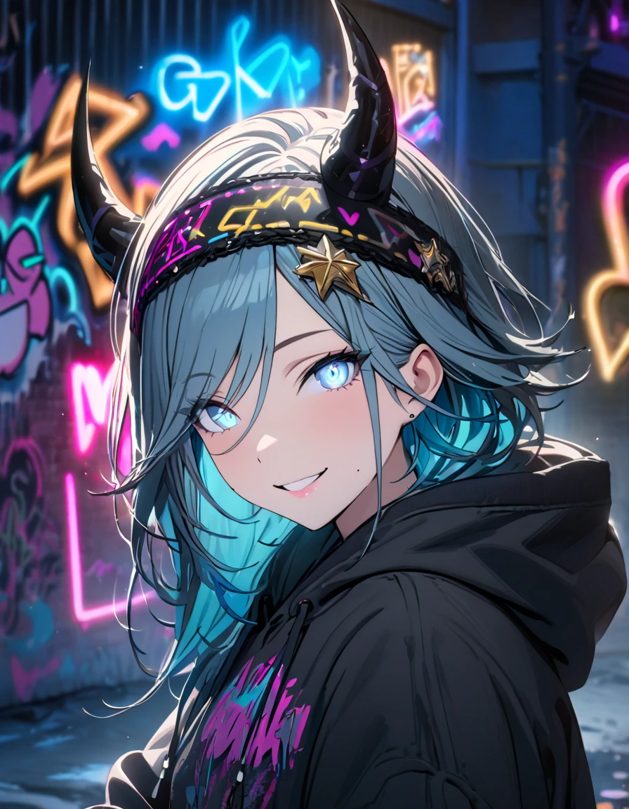 masterpiece,  top quality, 8k, Detailed Background , masterpiece,  top quality, smile,  ornament,  hoodie, Portraiture,  neon blue, graffiti, dark, night, Shining Eyes,  black light ,MEMcho,Horned headband