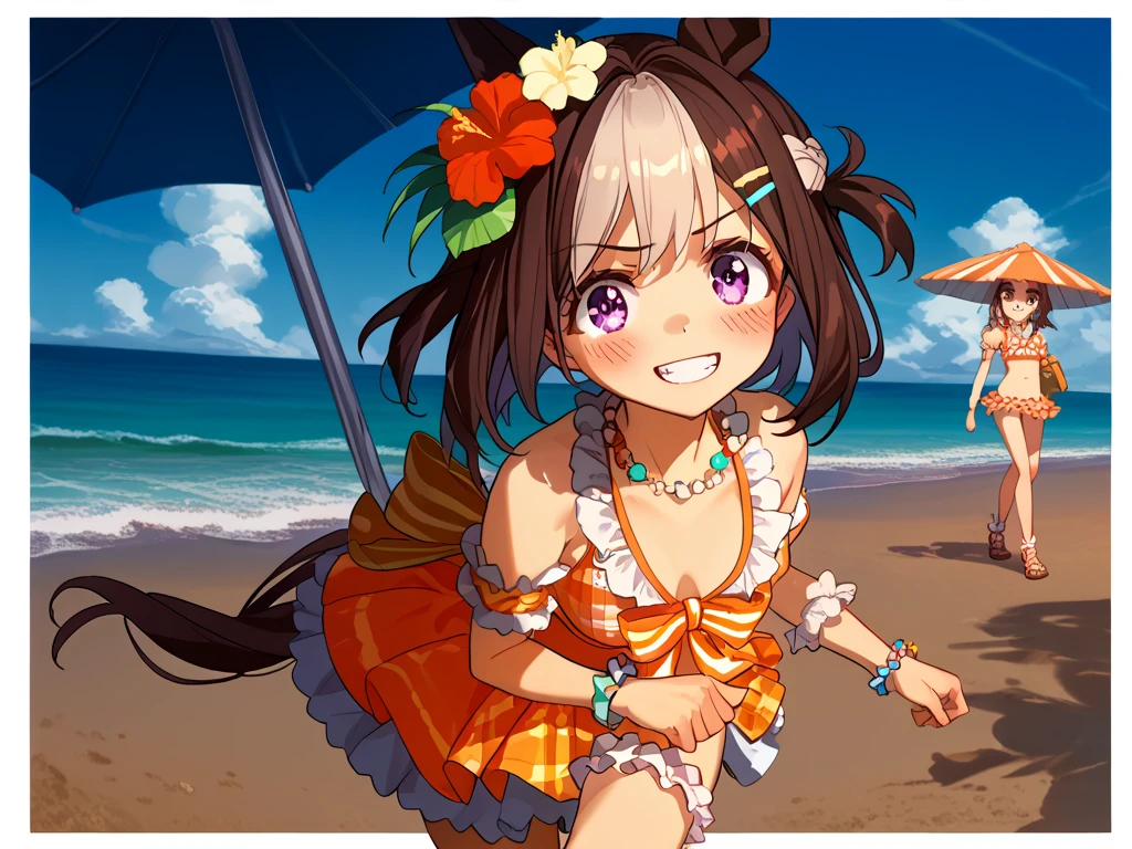  1 girl, best quality, absurdres, masterpiece, 
special week \(Uma Musume\),
official alternate costume, hair ornament, hair flower, hibiscus, bead necklace, detached sleeves, arm garter, puffy short sleeves, bead bracelet, swimsuit, front-tie top, Orange Bikini, plaid bikini, frilled bikini, bikini skirt, bridal garter, thigh strap, brown footwear,      sandals     , asymmetrical footwear, mismatched footwear, flushing, cheerful grin, walking, looking at viewer, lemonade, beach, blue sky and shining lights最高品質,  high definition , accurate, upper body happy, flushed,  smiles,  and blushing , 