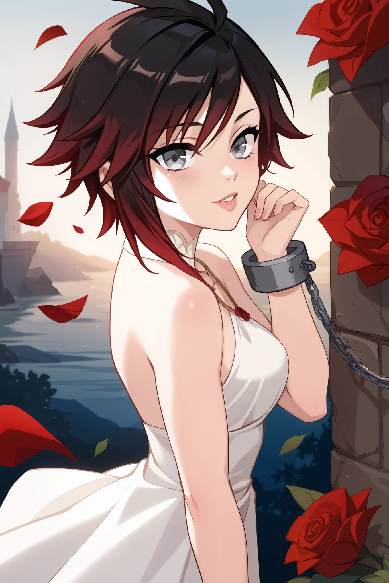 Ruby Rose, Ruby Rose,  corto,  Black hair, redhead, (grey eyes:1.5), side view, side overview 
Break dress, shackles, layer,
Break looking at viewer,
Break outdoors,
Break ( Masterpiece:1.2), Of the highest quality, high resolution, 8k unit wallpaper, (form:0.8), ( Fine and beautiful eyes :1.6),  very detailed face, perfect lighting, Highly detailed CG, (manos perfectas, perfect anatomy),