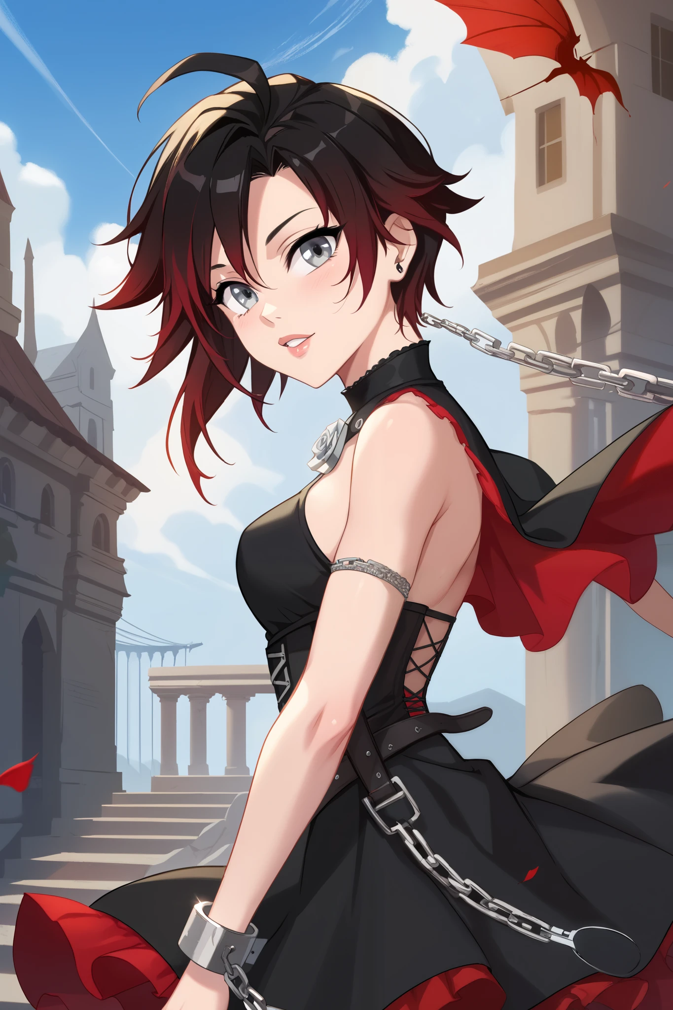 Ruby Rose, Ruby Rose,  corto,  Black hair, redhead, (grey eyes:1.5), side view, side overview 
Break dress, shackles, layer,
Break looking at viewer,
Break outdoors,
Break ( Masterpiece:1.2), Of the highest quality, high resolution, 8k unit wallpaper, (form:0.8), ( Fine and beautiful eyes :1.6),  very detailed face, perfect lighting, Highly detailed CG, (manos perfectas, perfect anatomy),