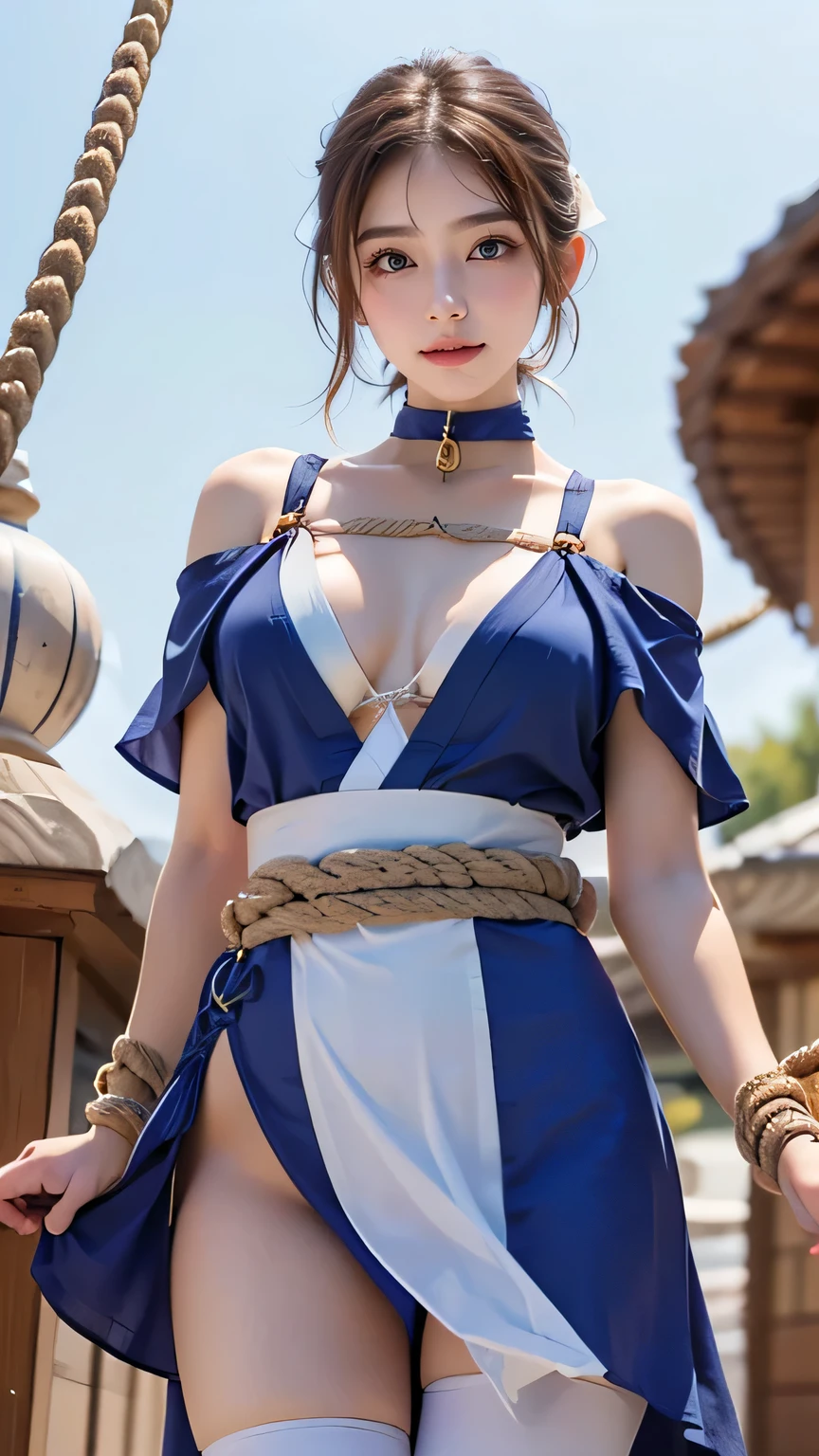 (((  top quality))), ((  Masterpiece )), (    Details), ((Alone)), (((((( Ponytail,  hair ribbon,  Choker,  Blue Dress , Short sleeve, band,  kimono, Arm guard,  pelvic curtain ,  detailed background with white knee-high , Off Shoulder )))))),  ((( slender body:1.4, Big Breasts, cleavage:1.1 , big butt, slim,  Thin Waist  ,  toned thick thighs,  Thin legs))),(  camel toe    ,Camel hoof), ((      glowing skin that will turn your eyes off    ,    white skin,      glowing skin that will turn your eyes off    )), Mysterious Light,  ((( Girl with a well-groomed face   ))), ((  big eyes)), ((((((Droopy eyes)))))), ((((   closes the eye )))), ((((   accurate anatomy )))),    Completely-valid   ,    Eye Shadow ,     earrings for women alone  ,    Necklaces    ,(((standing,(Bondage:1.4), (Rope Restraints:1.4), ( tied with a rope:1.3), 