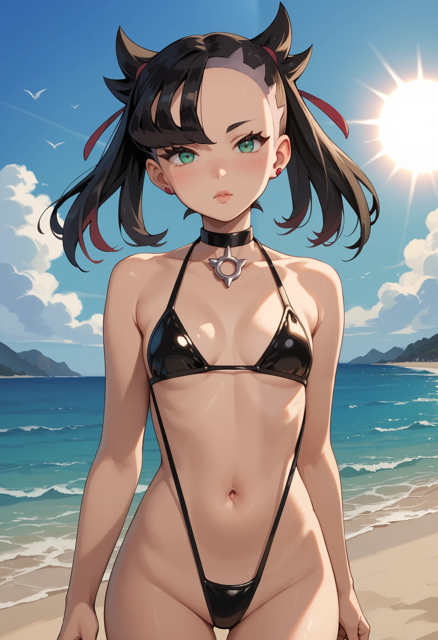 Score_9, score_8_up, score_7_up, score_6_up, source_anime, rating:general, 1girl, upper body, marnie pokemon, black hair, twintails, stunning green eyes, pale skin, blush, perfect lips, belly button, perfect legs, sultry look, looking at viewer, latex slingshot bikini, flat breasts, cleavage, exposed shoulders, sunny beach, outdoors, ocean, sunshine, sun rays, godrays, solo, 8k quality, vivid colors, perfect shadowing, perfect lighting, cowboy shot, looking at viewer