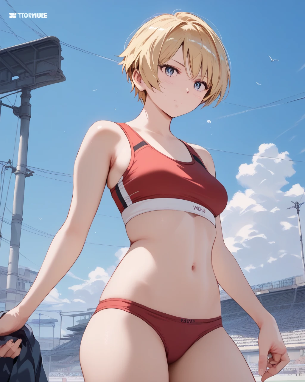 NSFW，score_9, score_8_up, score_7_up, score_6_up, score_5_up, score_4_up, source_anime, screenshots, l, 1girl, blonde hair, short cut, tomboy,
naked，sports bra and panties，