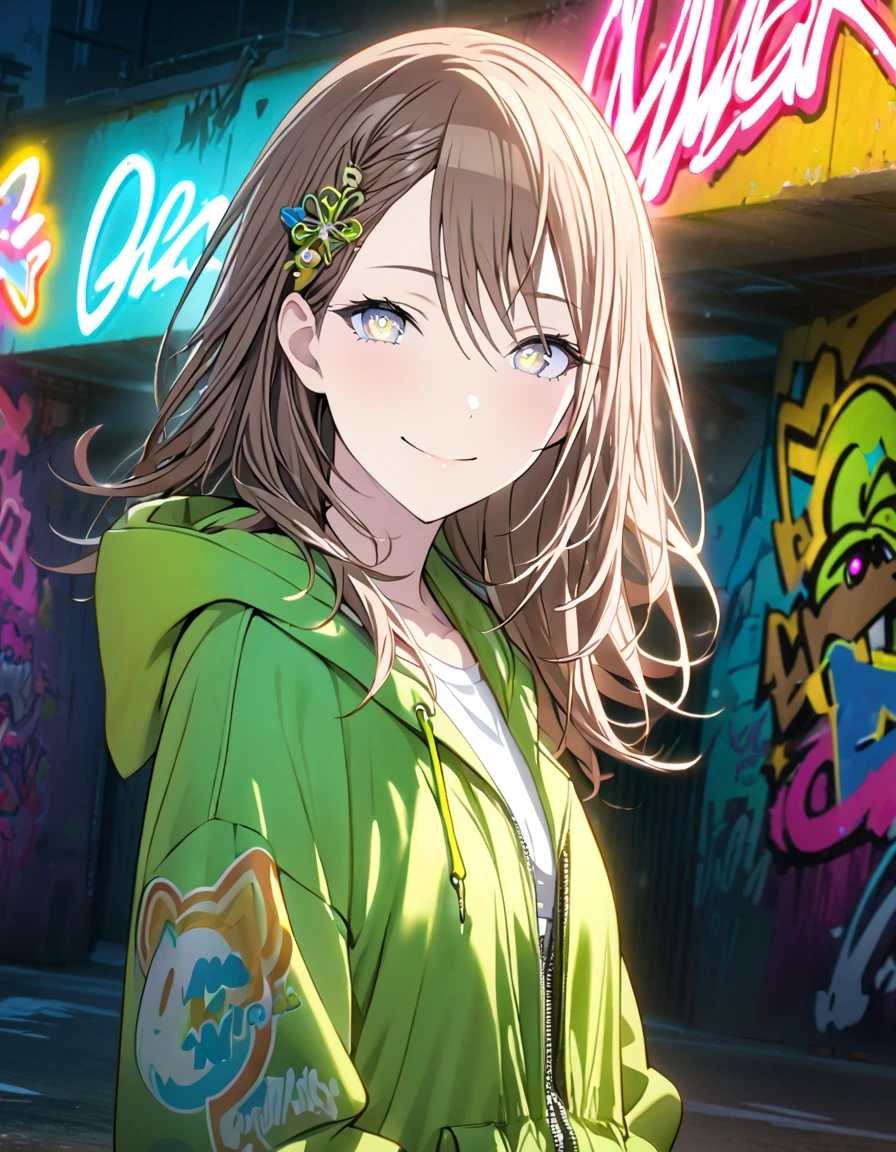 masterpiece,  top quality, 8k, Detailed Background , masterpiece,  top quality, smile,  ornament,  hoodie, Portraiture,  neon yellow, graffiti, dark, night, Shining Eyes,  black light ,Hanazato Minori 