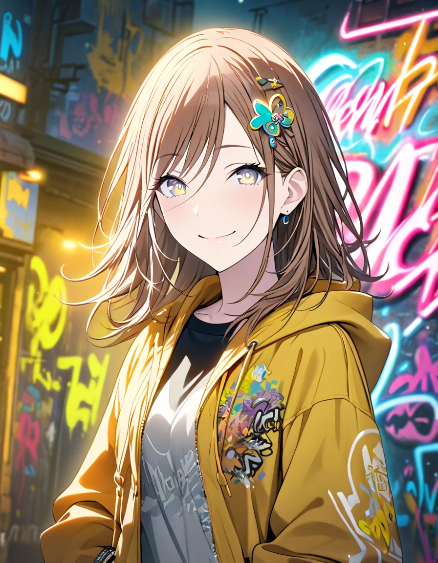 masterpiece,  top quality, 8k, Detailed Background , masterpiece,  top quality, smile,  ornament,  hoodie, Portraiture,  neon yellow, graffiti, dark, night, Shining Eyes,  black light ,Hanazato Minori 