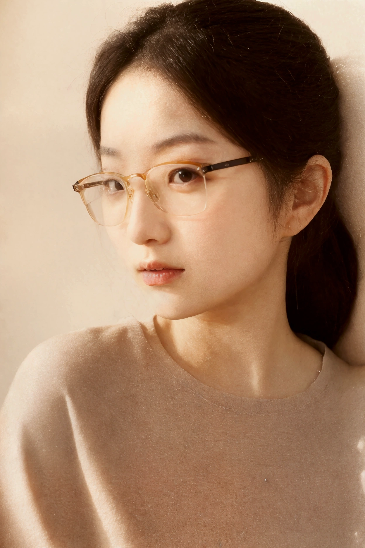(8K, Best Quality, Masterpiece: 1.2), (Realistic, Photorealistic: 1.37), Best Quality, Masterpiece, Best Quality, Absurdity, Incredibly Absurd, Huge File Size, Ultra High Definition, Very Elaborate Girl, Very Elaborate Eyes and Face, Beautiful Eyes, Brown Eyes, Facing Forward, Look at the Beholder, Upper Body, Glasses, Straight Hair, Thin fabric sweater, middle breast, cleavage