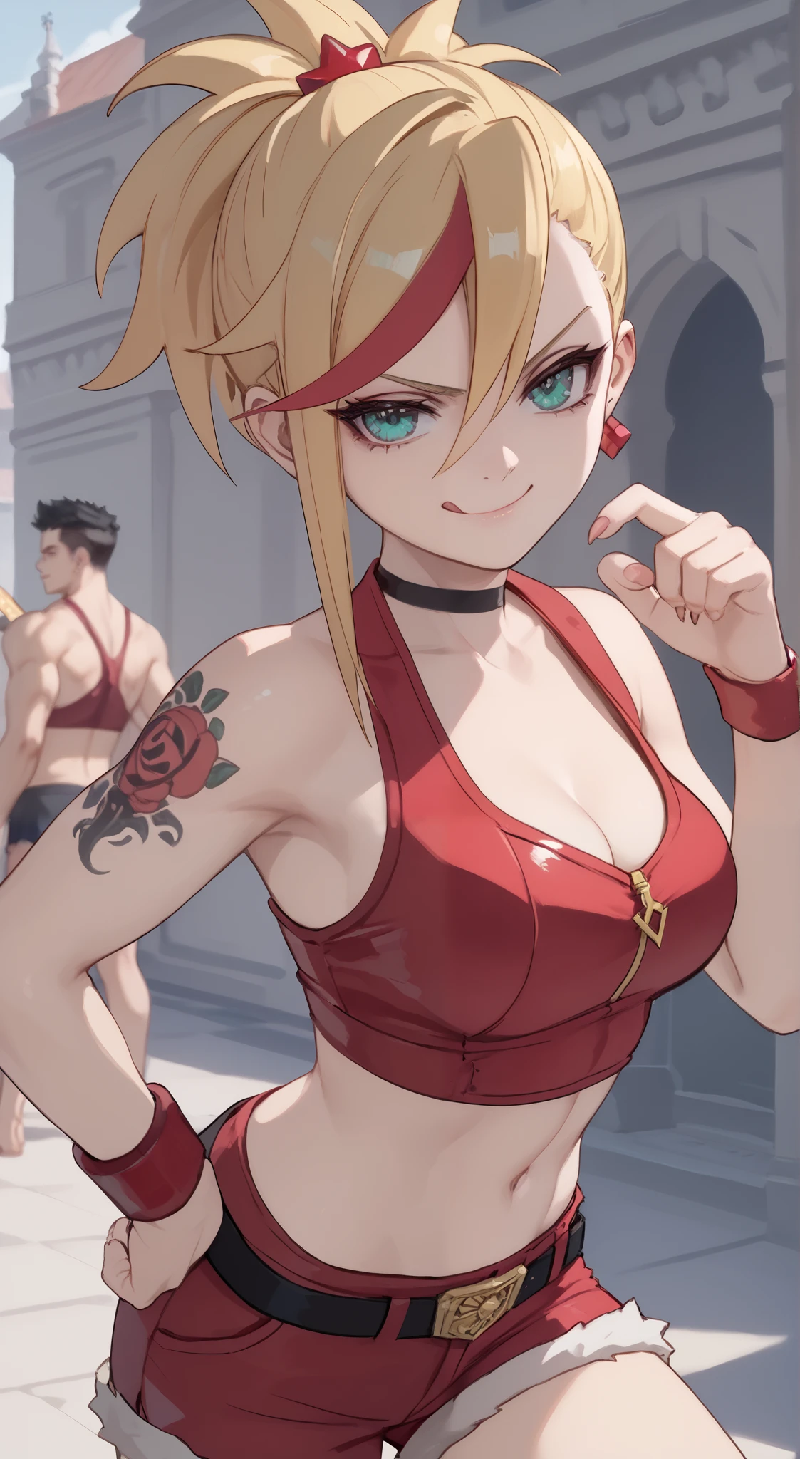 young girl, longue blonde hair, Hairpin with a bundle, turquoise eyes, Yakuza tattoos, red tight uniform, Sleeveless, Wide neckline on the chest to the abdomen, Gold Elements, Red gold armor, Shorts, claws, smirk, Masterpiece, hiquality, 4k, HD, Good detail