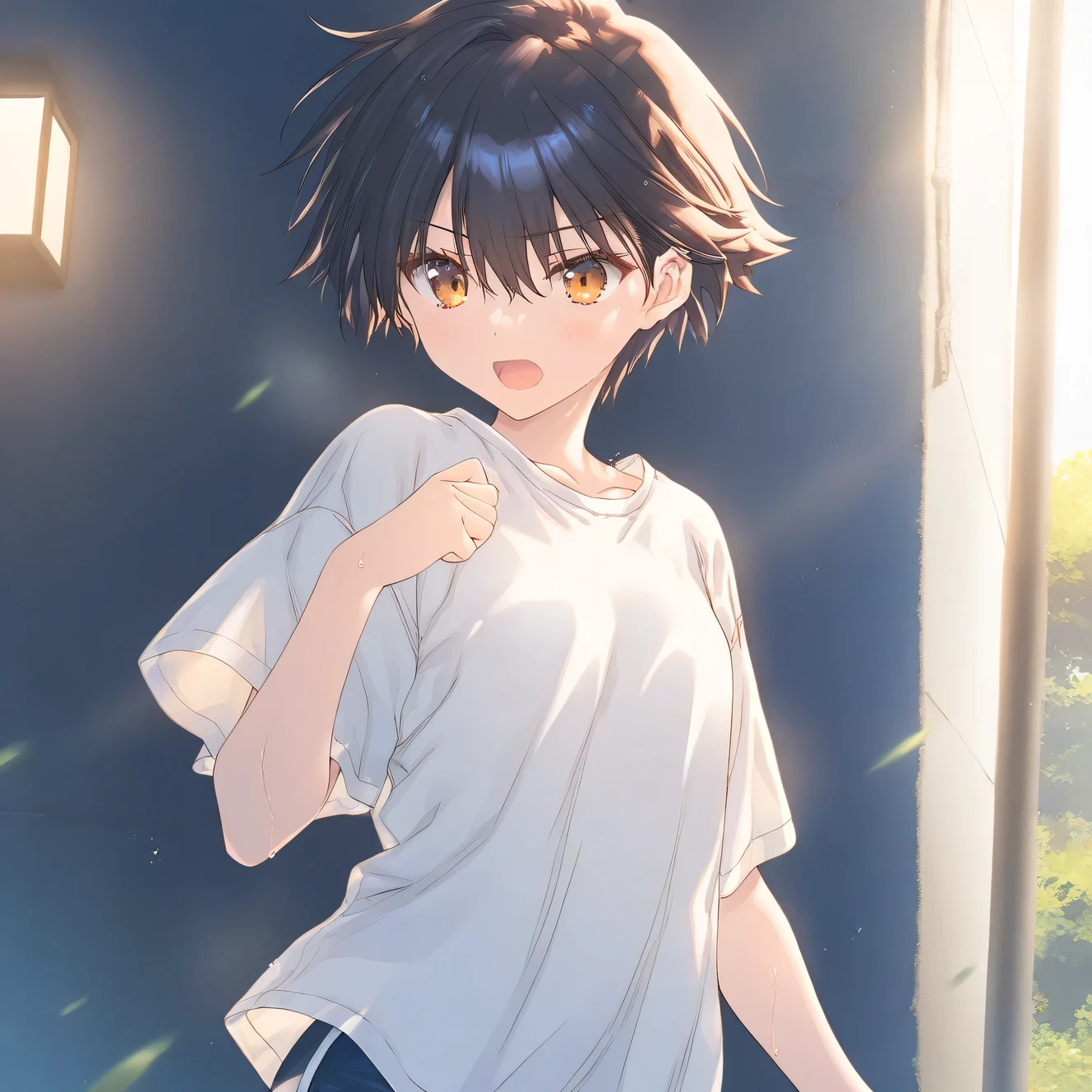 1girl, little female, tomboy, flat chest, sweat, shorts,beautiful detailed eyes,open mouth, outdoors,wind,  game CG, break,(artist:mitsumi_misato),artist:fujiyama,artist:aquaplus, break,(masterpiece), (best quality), (ultra-detailed),(Detailed Lighting), very aesthetic, newest, beauty illustration,super detailed skin, (masterpiece), (best quality), (ultra-detailed), very aesthetic lighting,newest ,hi res,absurd_res,shiny skin,2023, shaded,digital media (artwork), realistic lighting, 16k, 8k,highres, source_anime, official_art, photoshop_(medium)