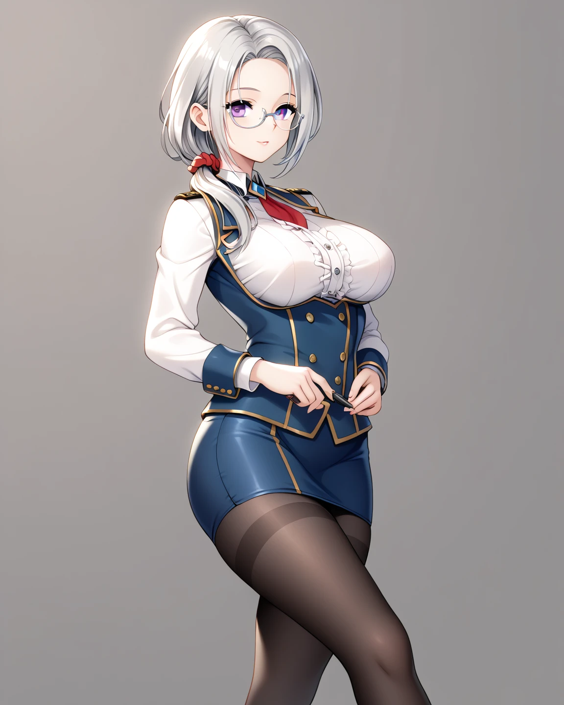  Masterpiece, 1 Guild Receptionist ,　pen:1.5 ,(( Adventurers Guild Receptionist's Uniform :1.4)),(( Tight Skirt with Slits :1.4)), Long Sleeve ,Silver glasses,(( Black Knee High Tights:1.2)),Height: 165cm, beautiful body line ,Big Breasts,(( black hair,A woman with beautiful, gentle, and beautiful gray eyes wearing a low ponytail on her shoulder :1.4)), Beautiful, Gently Faceless Woman with Gray Eyes, beautiful model standing, viewed from oblique front,((:1.4))