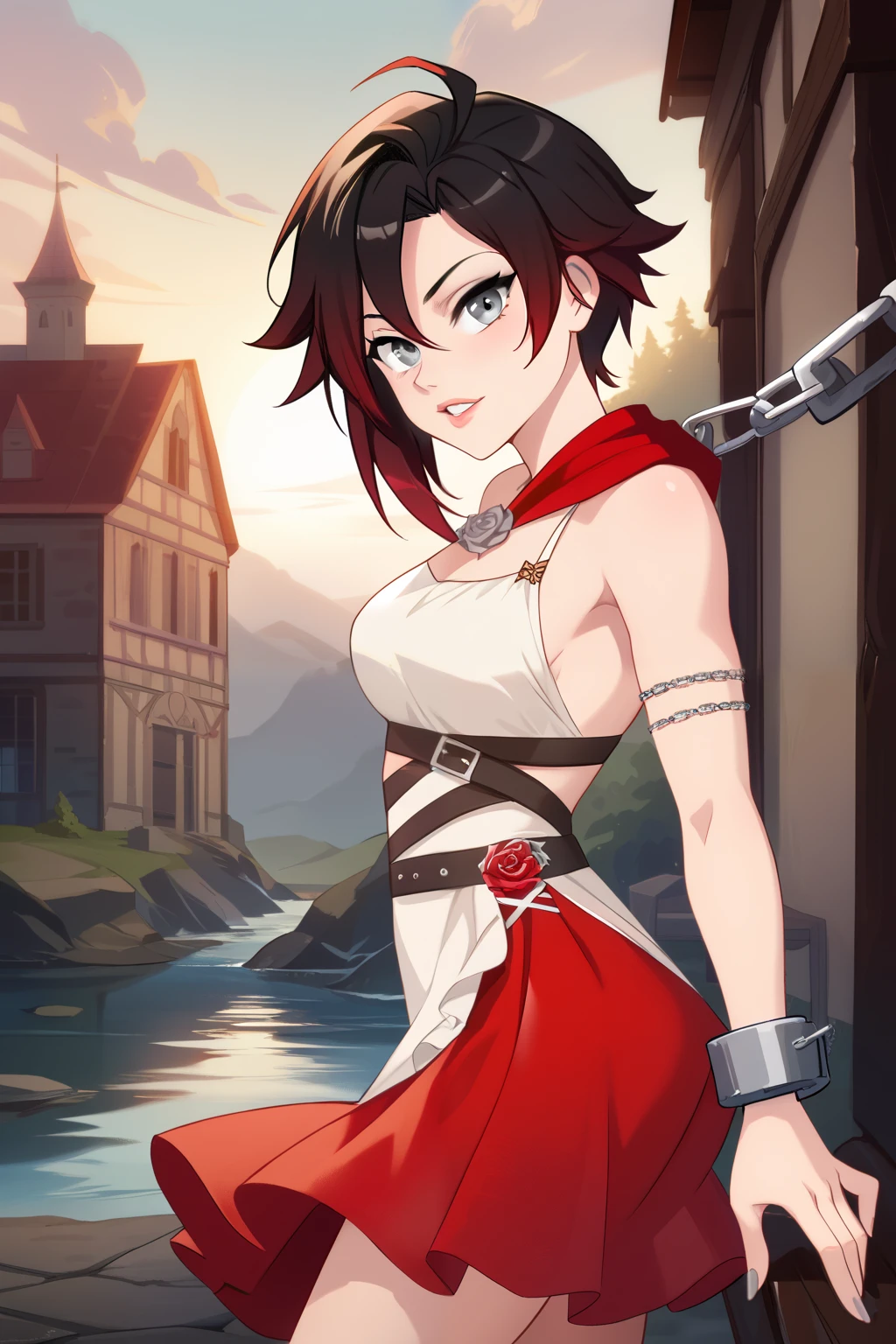 Ruby Rose, Ruby Rose,  corto,  Black hair, redhead, (grey eyes:1.5), side view, side overview 
Break dress, shackles, layer,
Break looking at viewer,
Break outdoors,
Break ( Masterpiece:1.2), Of the highest quality, high resolution, 8k unit wallpaper, (form:0.8), ( Fine and beautiful eyes :1.6),  very detailed face, perfect lighting, Highly detailed CG, (manos perfectas, perfect anatomy),