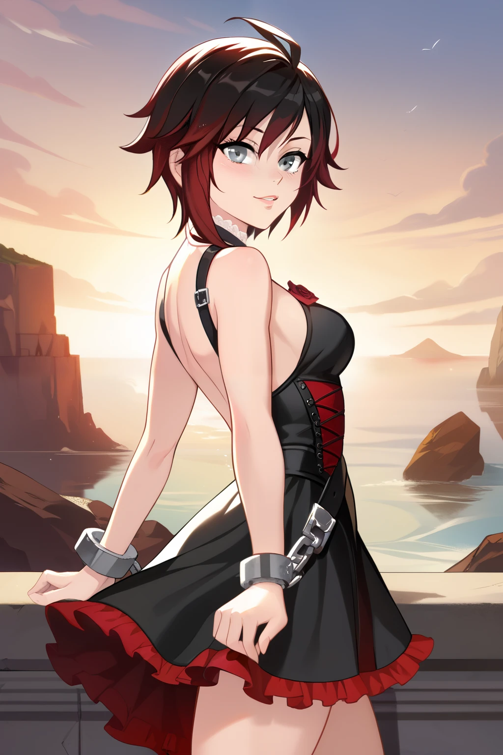 Ruby Rose, Ruby Rose,  corto,  Black hair, redhead, (grey eyes:1.5), side view, side overview 
Break dress, shackles, layer,
Break looking at viewer,
Break outdoors,
Break ( Masterpiece:1.2), Of the highest quality, high resolution, 8k unit wallpaper, (form:0.8), ( Fine and beautiful eyes :1.6),  very detailed face, perfect lighting, Highly detailed CG, (manos perfectas, perfect anatomy),